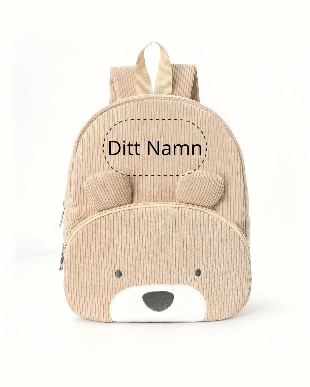 Beige björnryggsäck för barn med namnexempel – frontvy