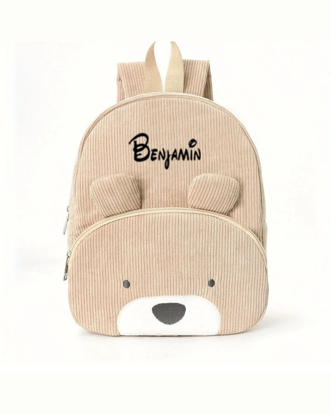 Personlig barnryggsäck i manchester, beige, broderat namn Benjamin – front