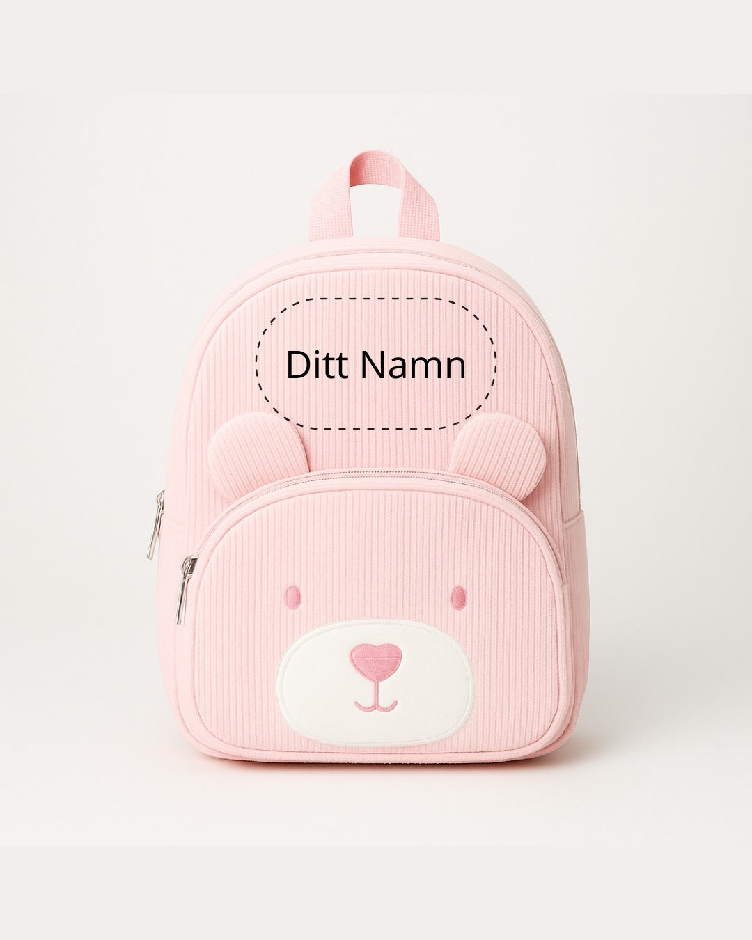 Rosa barnryggsäck i manchester med broderat namn – front