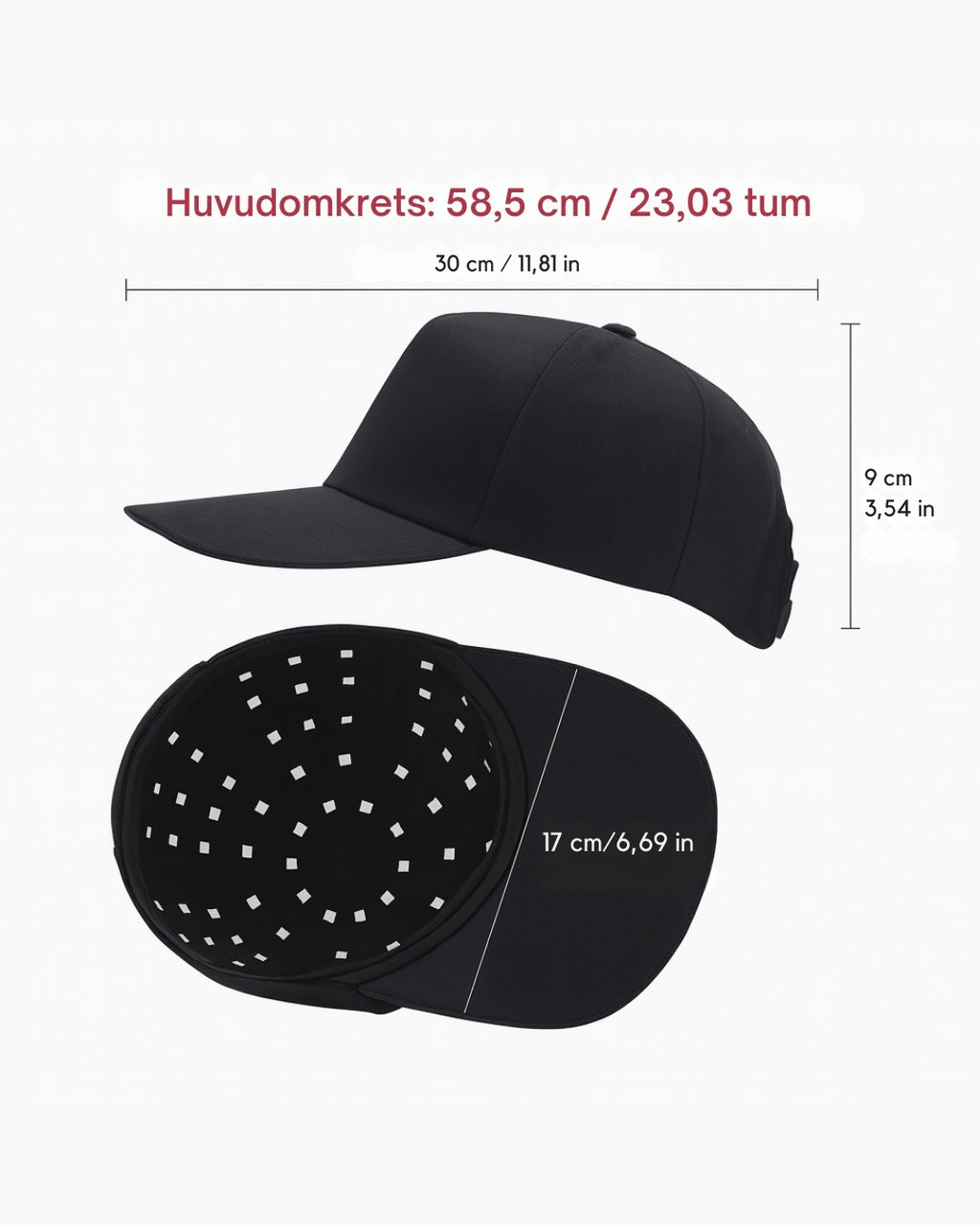 Mått för LED-ljuskeps: huvudomkrets 58,5 cm, bredd 30 cm, höjd 9 cm, skärmlängd 17 cm