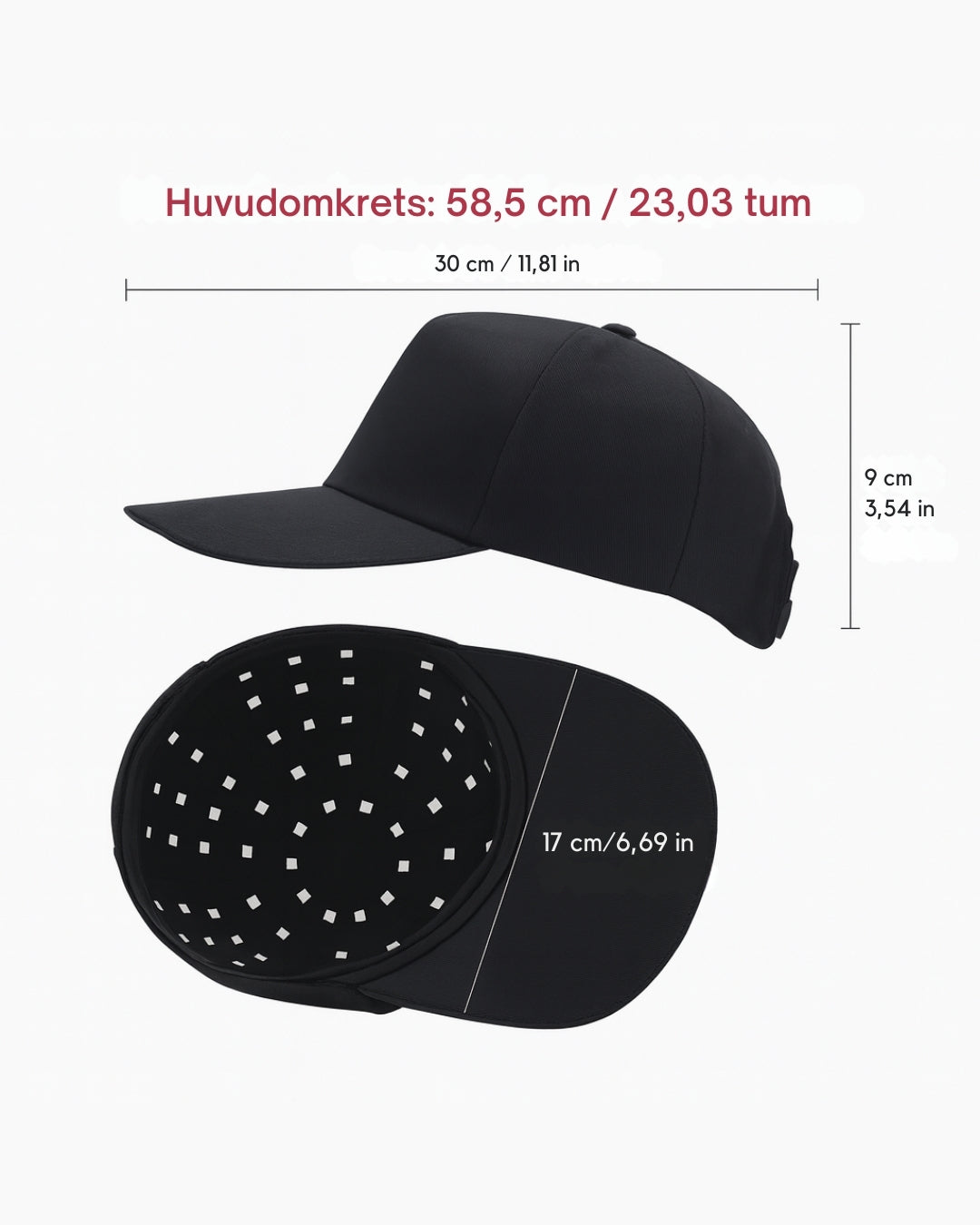 Mått för LED-ljuskeps: huvudomkrets 58,5 cm, bredd 30 cm, höjd 9 cm, skärmlängd 17 cm