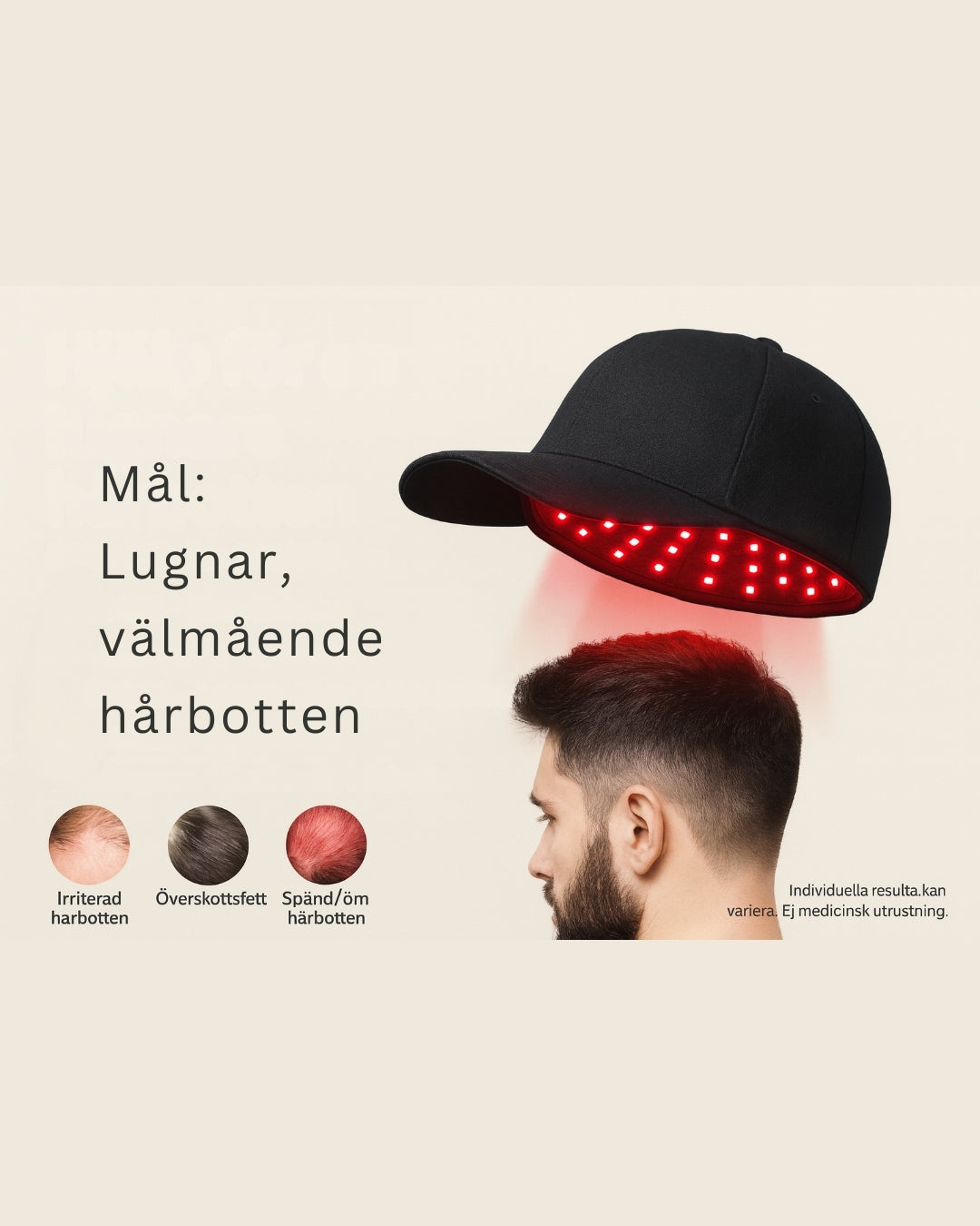 Svart keps med avtagbar 96-LED panel som lyser rött – tydlig visning av konstruktion och kvalitet.