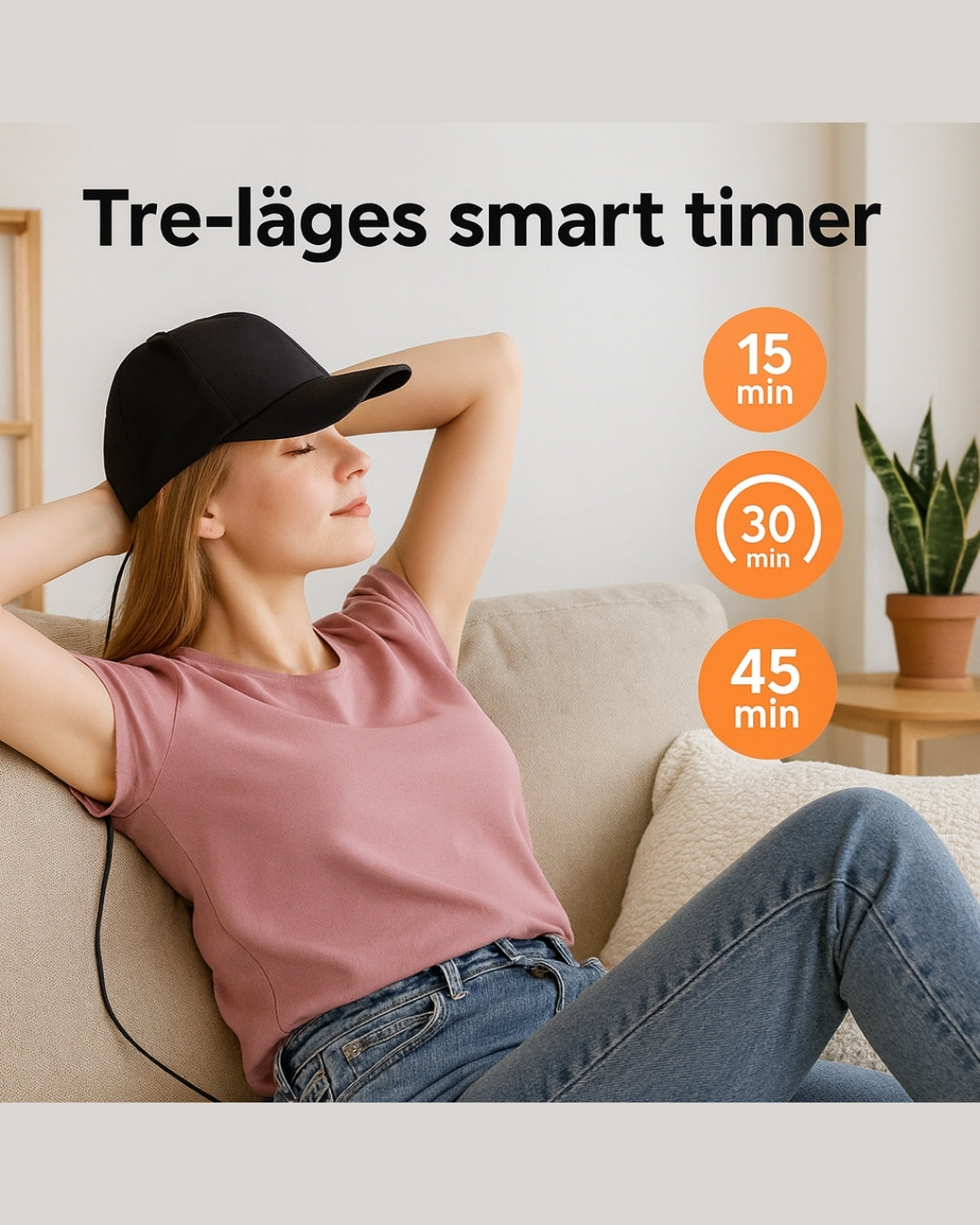 Kvinna i skandinavisk miljö använder LED-ljuskeps med tre timerlägen 15/30/45 minuter – enkel vardagsanvändning