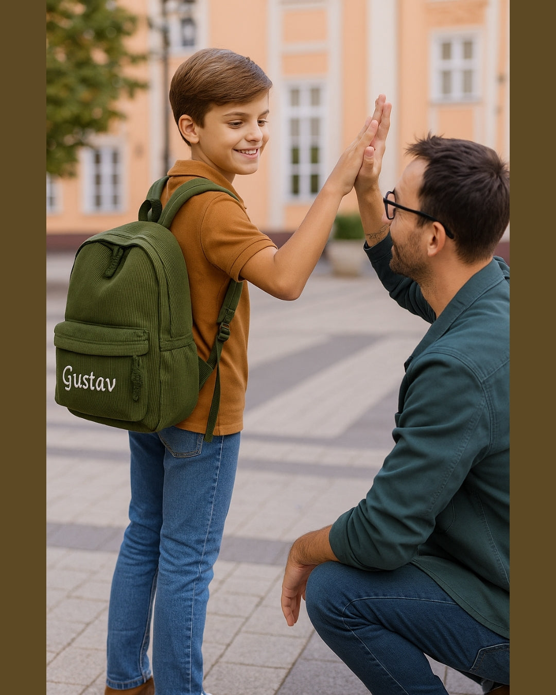 Pappa och son gör high-five; olivgrön namnbroderad ryggsäck