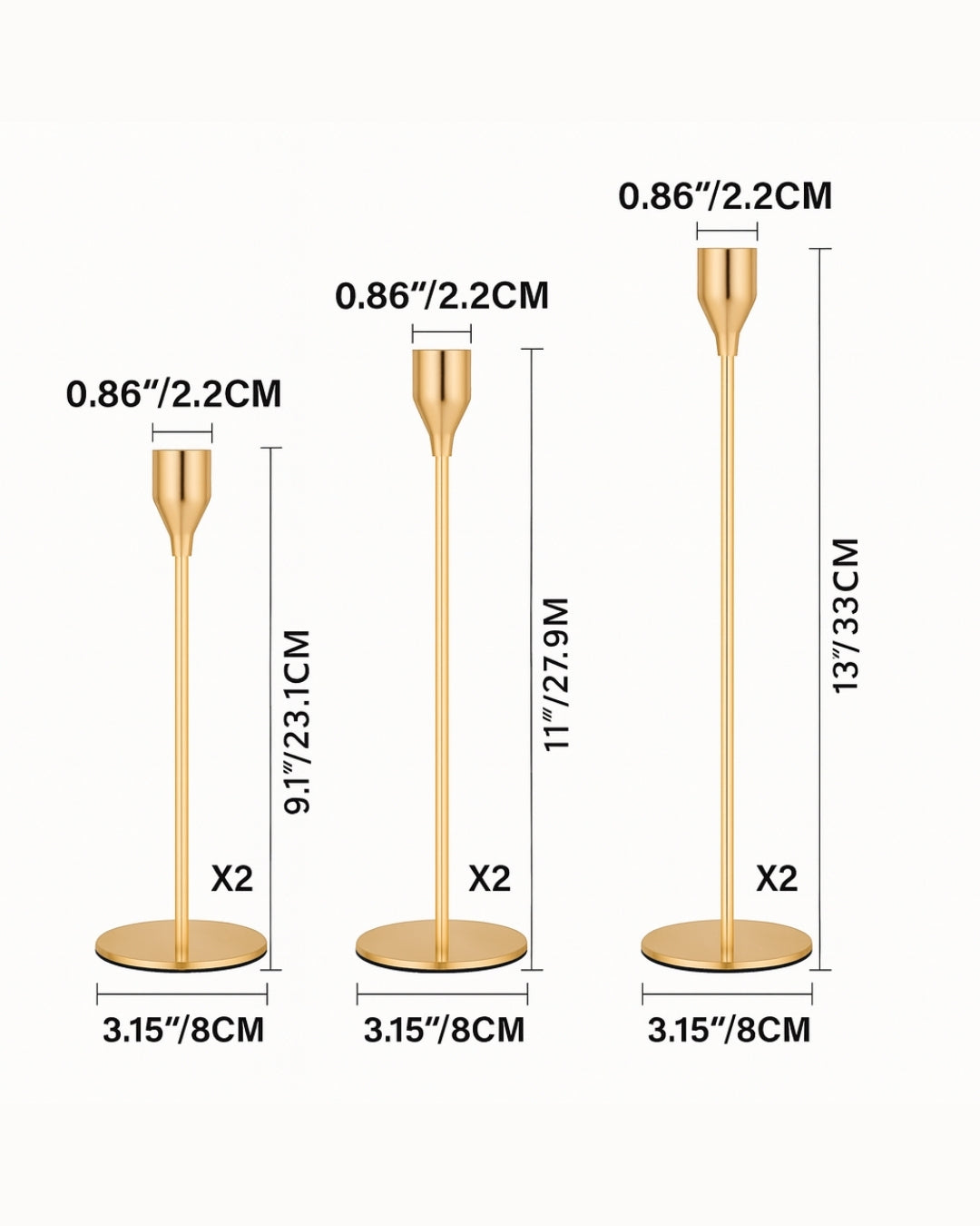 Måttgrafik: höjder 23,1/27,9/33 cm, bas 8 cm, ljushållare Ø2,2 cm