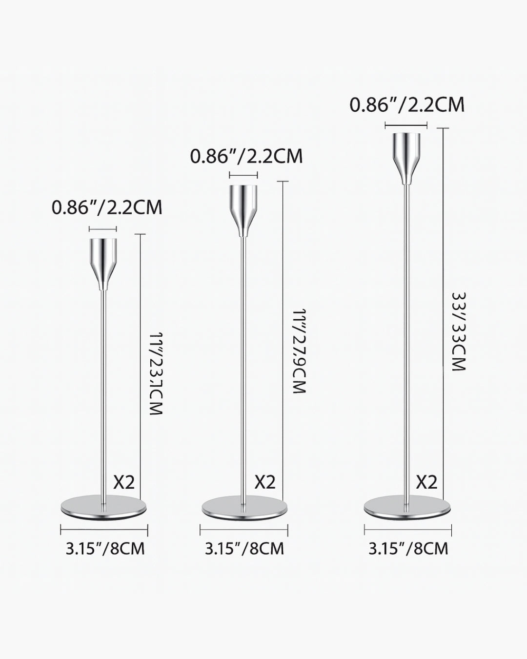 Måttgrafik: 23,1 cm, 27,9 cm, 33 cm; bas 8 cm; Ø2,2 cm