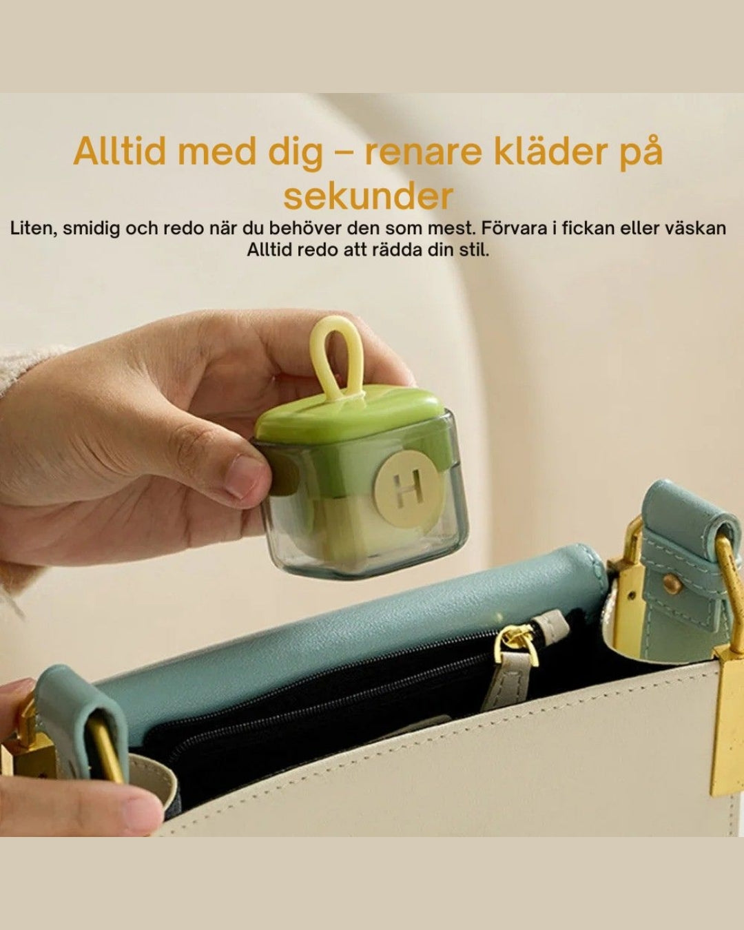 Portabel noppborttagare som får plats i handväskan – alltid redo att fräscha upp kläder.