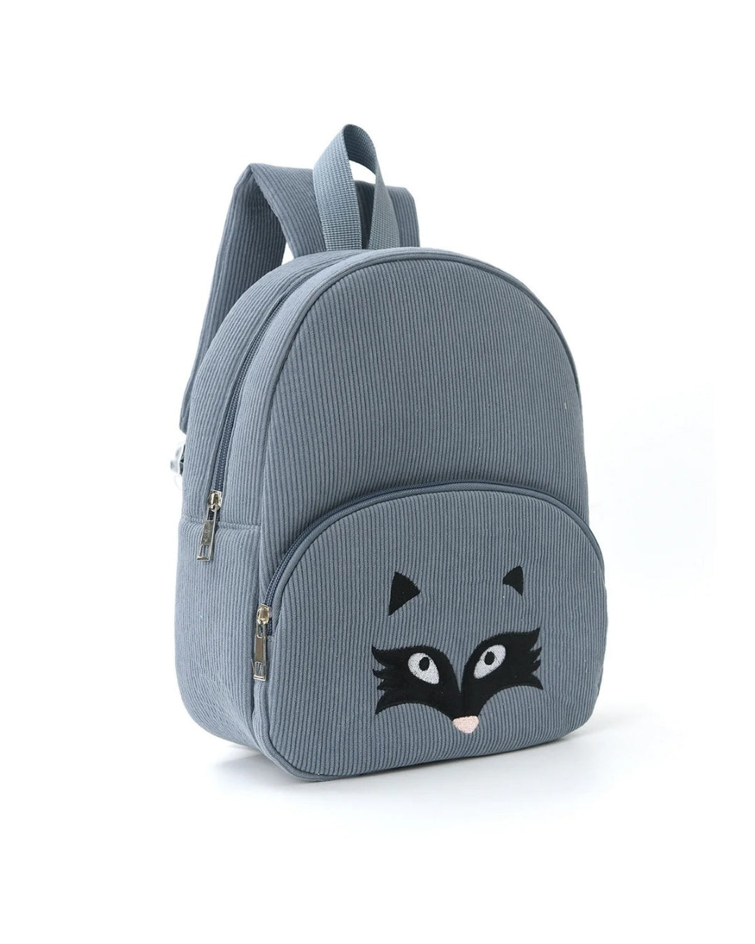 Närbild på blågrå barnryggsäck med rävdesign, perfekt för förskola