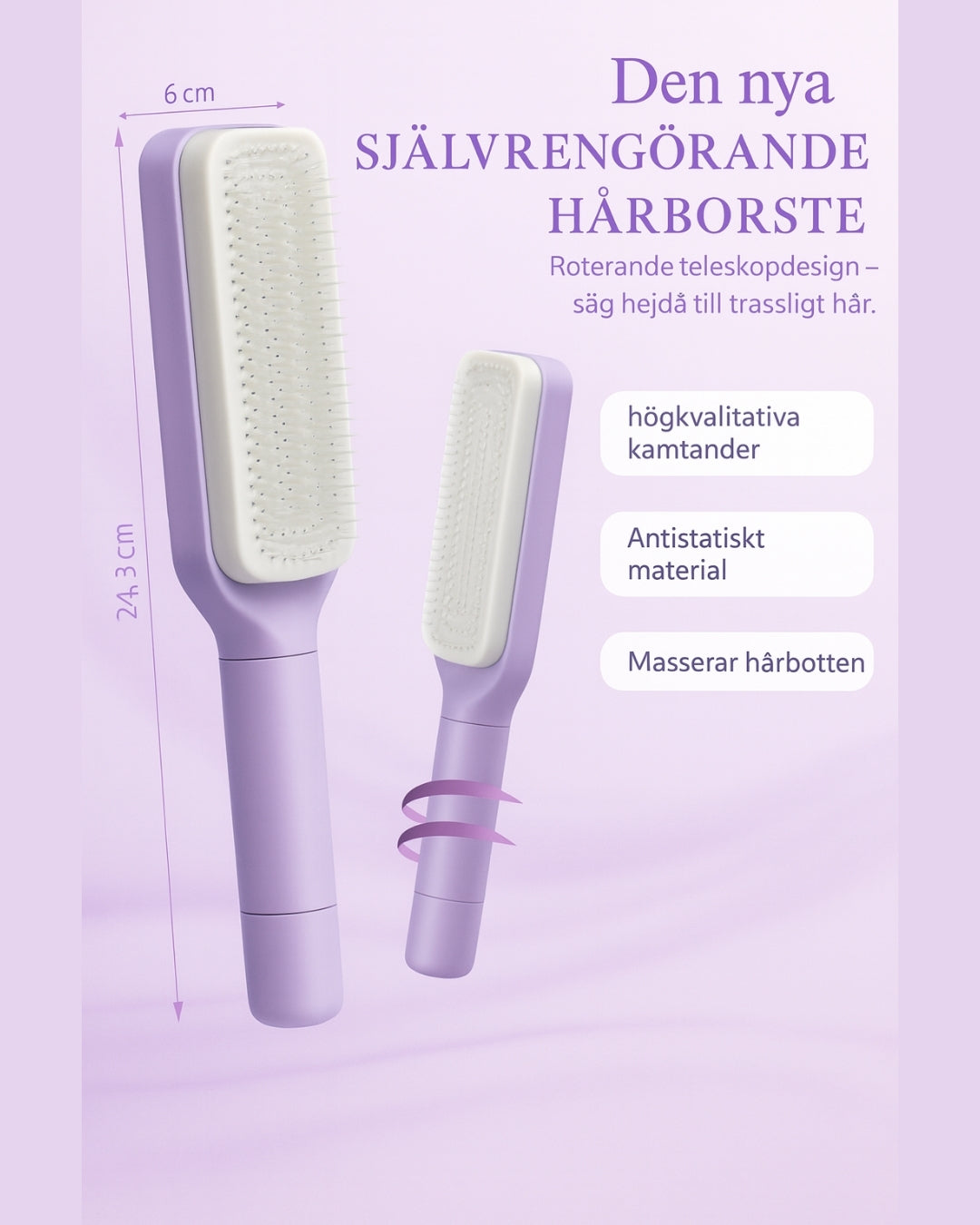 Översikt: antistatisk, masserar hårbotten, teleskopdesign, högkvalitativa kamtänder.