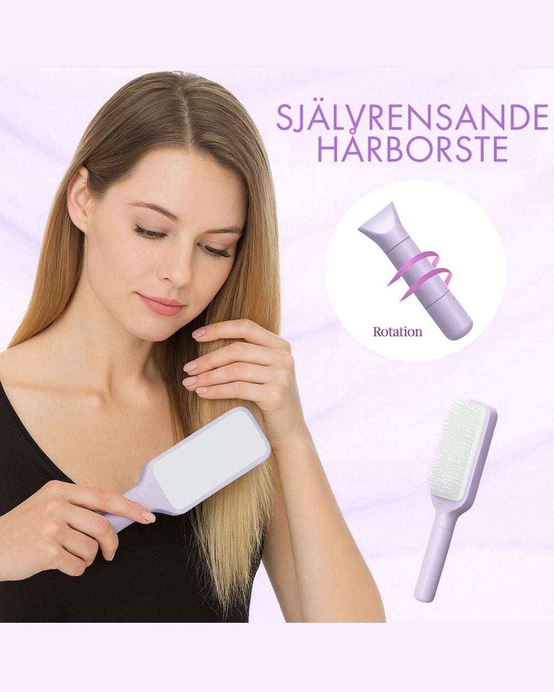 Kvinna borstar håret med självrengörande hårborste – visar enkel användning