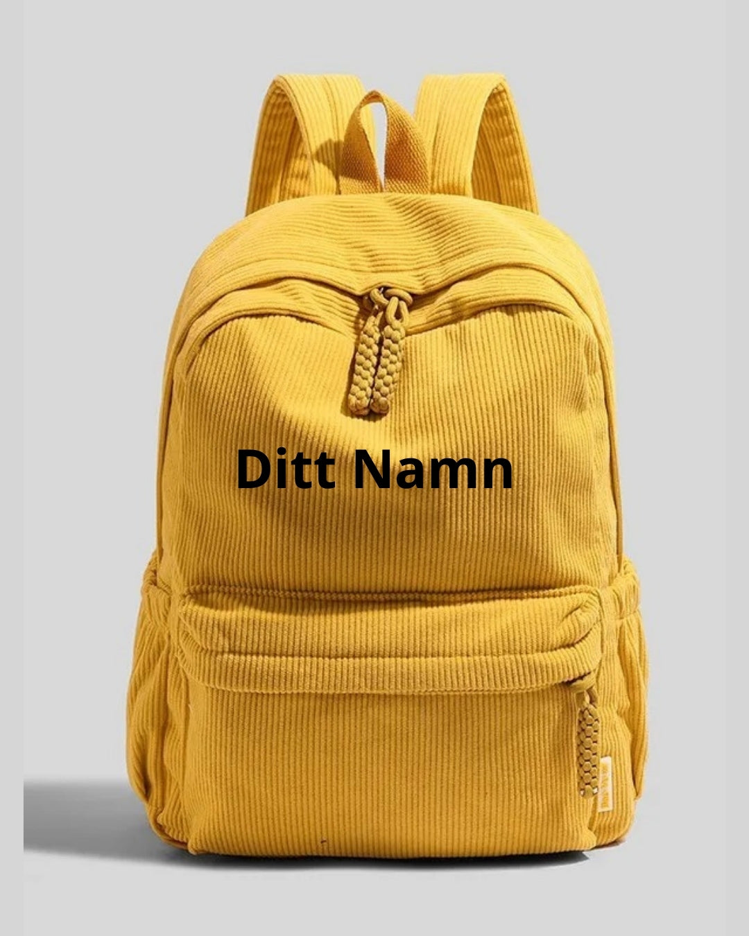 Gul ryggsäck med broderad text ”Ditt Namn” – färgvariant/namnexempel.